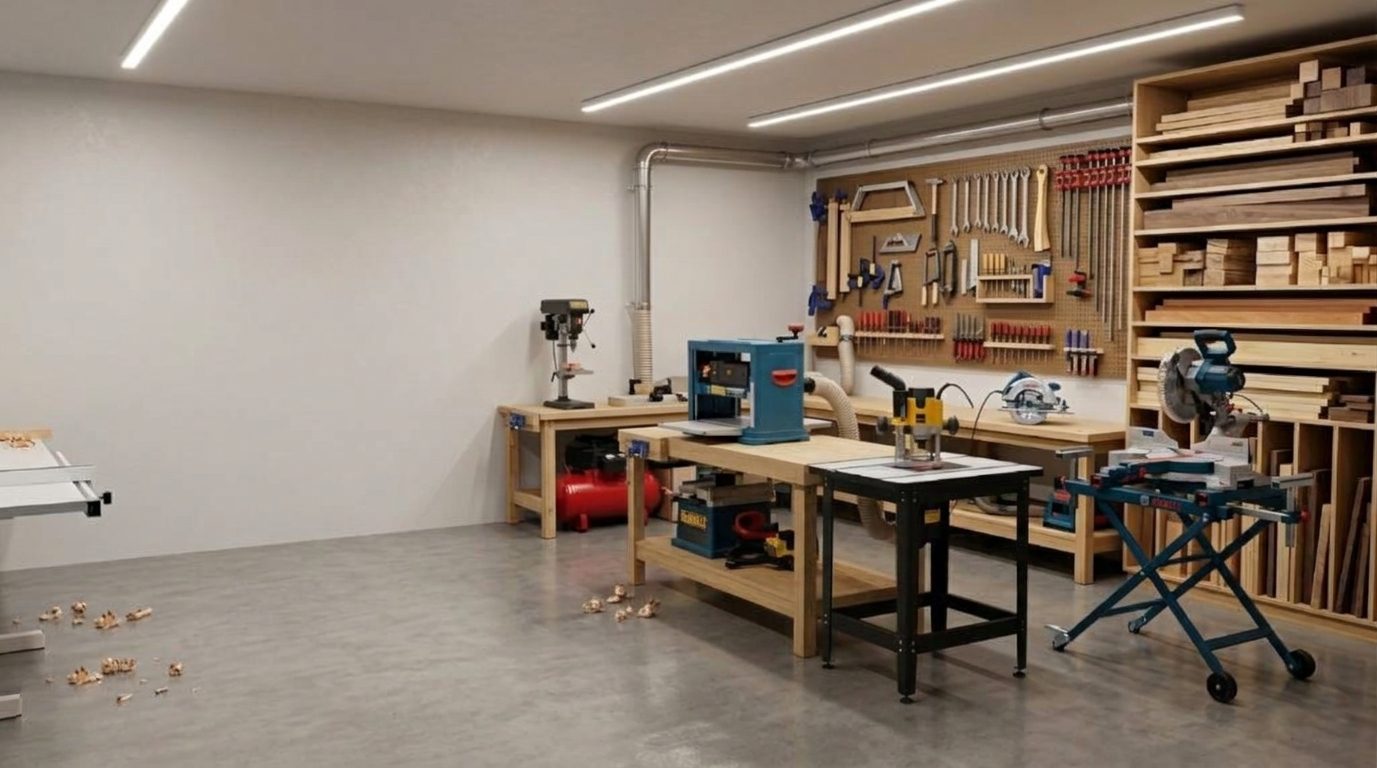 Taller de carpintería equipado con cepilladora, sierra de mesa, ingleteadora, tupí, taladro de pedestal y compresor